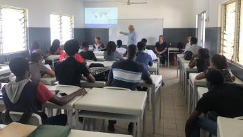 Greg giving a guest lecture at University of São Tomé and Príncipe