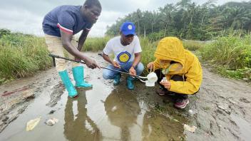 Three people in rain gear sampling water from a muddy puddle on an overcast day