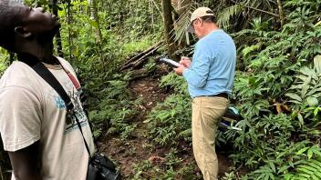 A man stands on a forest trail with a clipboard and pen. Another man stands closer to the camera staring up into the canopy