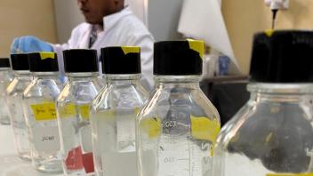 People work in a lab carrying out an assay with glass bottles