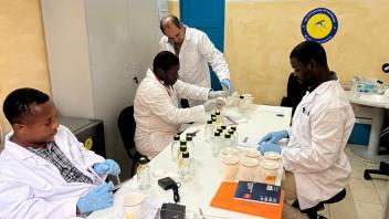 People work in a lab carrying out an assay with glass bottles