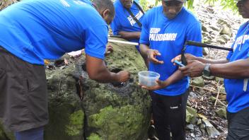 Volunteers in blue shirts ladling food beside moss-covered rocks in a green forest