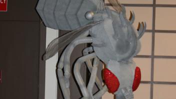 a giant model of a mosquito hanging from the ceiling with a gray body and big, red eyes.