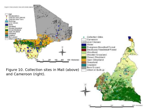 Maps of Mali and Cameroon showing collection sites
