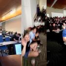 Two views of the same lecture hall show it mostly and completely full of people. In the middle photo people sitting on the floor wave to the camera